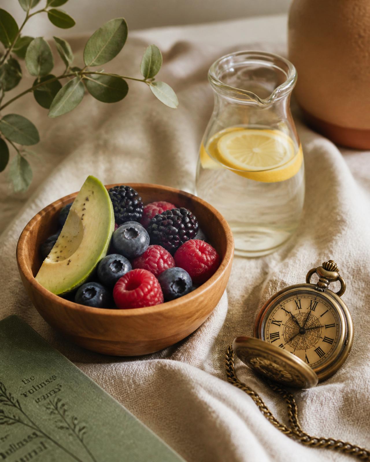 A wooden bowl of fresh berries and avocado next to lemon water and a brass pocket watch — the essentials of an intermittent fasting morning.